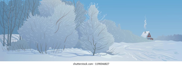 Vector illustration. Winter landscape. Trees covered with frost and a village house on a frosty, Sunny day.