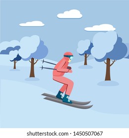Vector illustration: Winter landscape with trees, skier and hills.