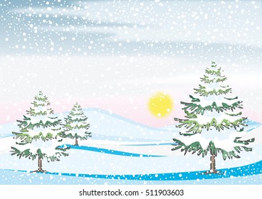 Vector illustration of a winter landscape with trees and snow flakes Seasons greetings