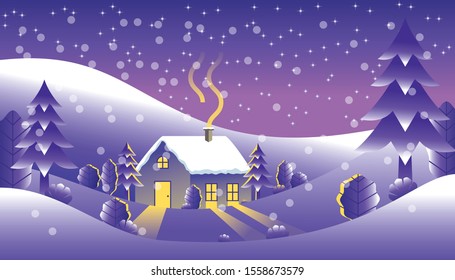 Vector illustration Winter Landscape in trendy flat simple style - Merry Christmas and Happy New Year greeting card and banner,background.