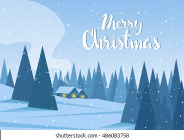 Vector illustration: Winter landscape with two houses in forest and handwritten lettering of Merry Christmas.