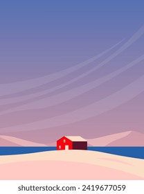 Ilustración vectorial. Paisaje invernal, afiche vertical, pancarta, postal. Turismo, viajes. Diseño plano.