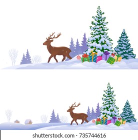 Vector illustration of winter landscapes with a reindeer and a Christmas tree, isolated on a white background