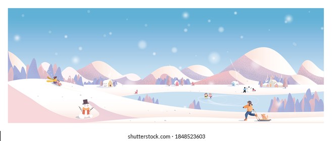 Vector illustration of  winter landscape.Snow with church,rural village.Kids playing outside with sleight and snowman.Concept of winter landscape background. 