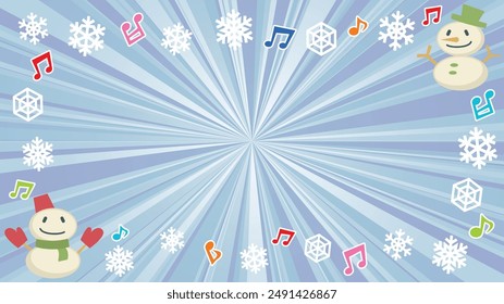 vector illustration of winter light-blue flash with gradation - snowman and snowflakes and musical note-