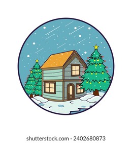 :: Ilustración vectorial del logotipo de invierno, con árbol de navidad, casa cubierta de nieve,
en círculo, adecuado para imprimir camisetas, logotipos y otros usos