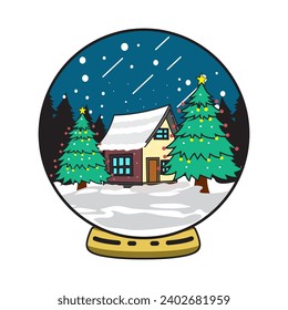 Vektorgrafik des Winterlogos, mit Weihnachtsbaum, schneebedecktem Haus,
in einer Kristallkugel, geeignet für den Siebdruck von T-Shirts, Logos und o