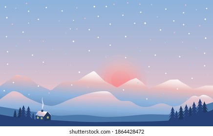 Ilustración vectorial.
Invierno, paisaje montañoso con abetos, una casa a los pies de las montañas.