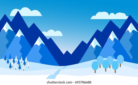 Vector illustration of a winter mountain landscape with a path to the mountains under a cool blue sky with clouds - flat design