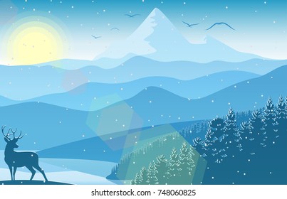 Vector illustration of Winter mountain landscape with deer and forest falling snow