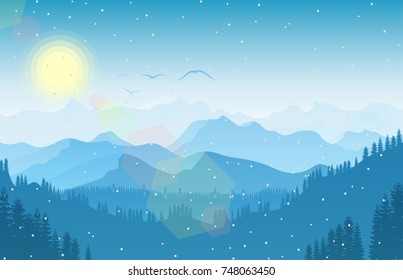 Vector illustration of Winter mountain landscape with forest and bird flying