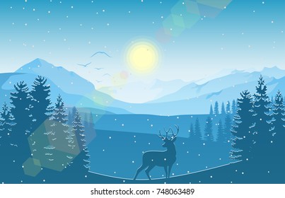 Vector illustration of Winter mountain landscape with deer and forest at falling snow