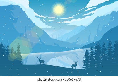 Vector illustration of Winter mountain landscape with two deer in a forest near a lake