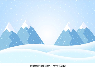 Vector illustration of winter mountain landscape with snow and blue sky, suitable as Christmas greeting card