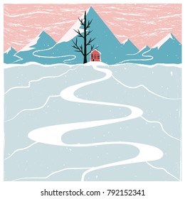 Vector illustration with winter mountain landscape, red house, black tree and pink sky