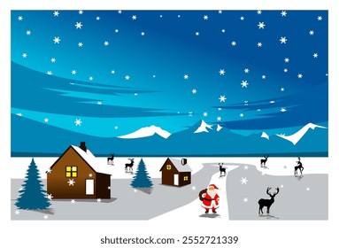 
vector illustration of winter mountain scenery background with christmas theme with house and Santa Claus in front and reindeer silhouettes, suitable for background, wall decoration, christmas theme.