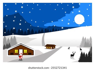 
vector illustration of winter mountain scenery background with christmas theme with house and Santa Claus in front and reindeer silhouettes, suitable for background, wall decoration, christmas theme.