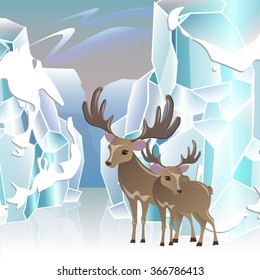 Vector illustration. Winter in the mountains of ice. Ice background with a couple of deer.