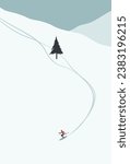 Vector illustration: Winter mountains landscape with pines, hills and spruce. Skier
