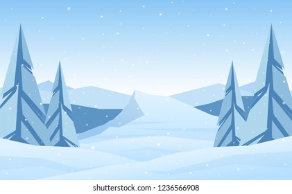 Vector illustration: Winter Mountains landscape with pines, plateau and hills.