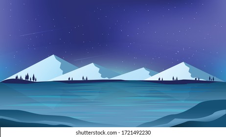 Vector illustration: Winter Mountains landscape with pines and hills.