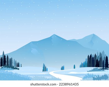 Vector illustration of Winter Mountains landscape with pines and firs on a snowfall