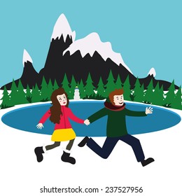 vector illustration with winter mountains landscape and happy young couple. Big lake, green forest and little snowman