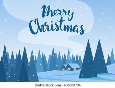Vector illustration: Winter mountains landscape with two houses in forest and handwritten lettering of Merry Christmas on smoke background.