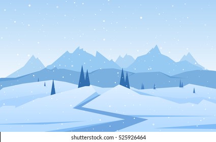 Vector illustration: Winter Mountains landscape with road, pines and hills.