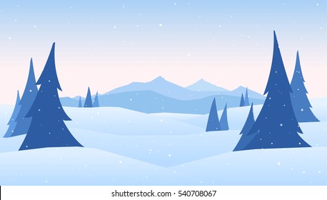 Vector illustration: Winter Mountains landscape with pines on foreground