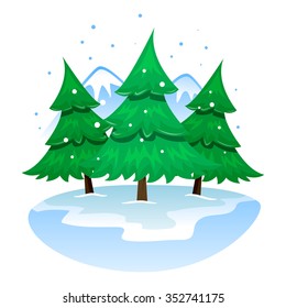 Vector Illustration of Winter Mountains with Pine trees and Snow Falling