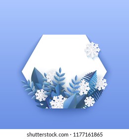 Vector illustration of winter natural banner with blue plant leaves and falling white snowflakes in trendy paper art around blank hexagon shape on gradient background.