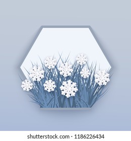 Vector illustration of winter natural banner with white snowflakes lying on blue grass in front of blank hexagon shape with space for text - floral decorative element for seasonal design.