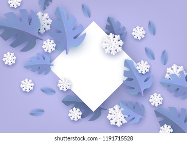 Vector illustration of winter natural banner with copy space - blank white rhombus shape surrounded by blue paper plant leaves and snowflakes. Flat layout for seasonal design.