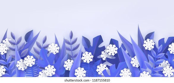 Vector illustration of winter natural border frame with blue tree leaves and white snowflakes in paper art style isolated on white background. Decorative element for floral seasonal banner.