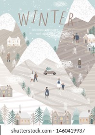  Vector illustration of a winter natural landscape with mountains, houses, people in winter clothes, trees and Christmas trees. Background for banner, poster or card