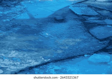 Vector illustration of the Winter nature background with blocks of ice on the frozen water in spring. Abstract background of drifting ice on water. 
