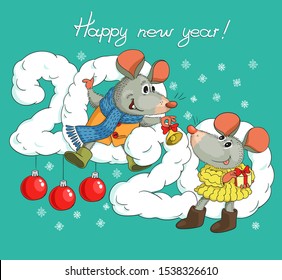 Vector illustration. Winter new year card with cute cartoon mice. 2020 eastern horoscope.