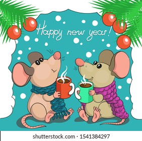 Vector illustration. Winter new year card with cute cartoon mice. 2020 eastern horoscope.