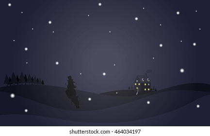 Vector illustration winter at night background. Space landscape with silhouette mountains. 