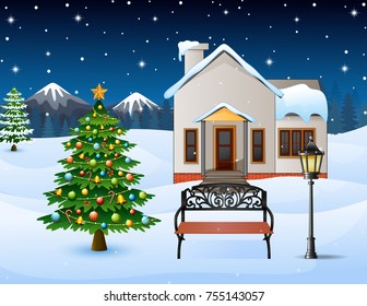 Vector illustration of Winter night background with christmas trees, street lamp and bench in front snowy house