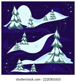 Ilustración vectorial, noche de invierno, árboles de Navidad en la nieve. Para tarjetas de felicitación, afiches, pancartas, libros, etc.
