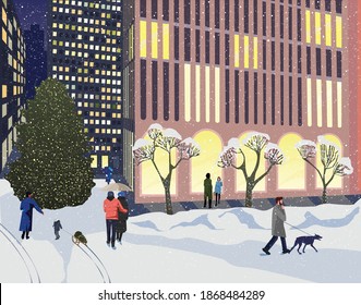 Vector illustration. Winter Night City. People walking in the citi.Christmas tree.