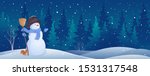 Vector illustration of a winter night forest with a greeting snowman and a cute squirrel, Christmas snow background