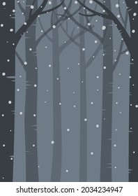 Vector illustration of winter night forest. Snowy forest background.