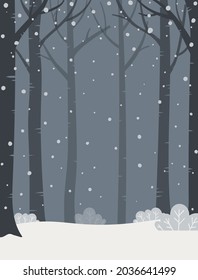 Vector illustration of winter night forest. Snowy forest background.