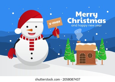 Ilustración vectorial de un bosque nocturno de invierno con un muñeco de nieve de bienvenida, fondo de nieve de Navidad