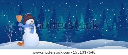 Vector illustration of a winter night forest with a greeting snowman and a cute squirrel, Christmas snow background