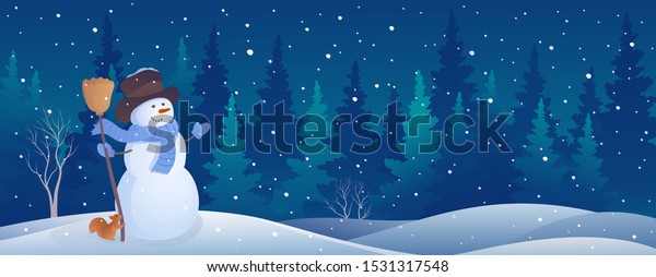 クリスマスの雪の背景に あいさつ雪だるまとかわいいリスと冬の夜の森のベクターイラスト のベクター画像素材 ロイヤリティフリー