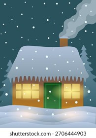 Ilustración vectorial de una noche invernal, una casa con humo de una chimenea y ventanas brillantes contra un fondo de abetos y nieve caída